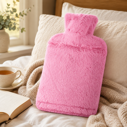 2L Hot Water Bottle with Soft Faux Fur Cover Leakproof Winter Warmer – Pink