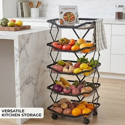 5 Tier Folding Rolling Storage Trolley Fruit & Vegetable Kitchen Cart With Wheel