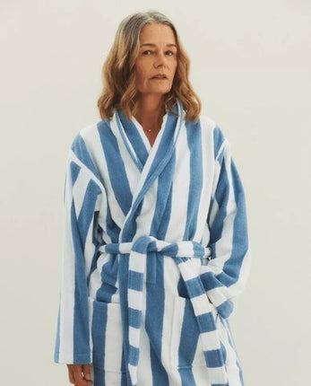 Large White & Blue Unisex Cotton Terry Bathrobe Gown Soft Spa Robe Men Women