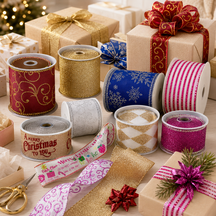 Christmas Ribbon Set 6PCS 2.5" Gift Wrap Craft Xmas Decoration