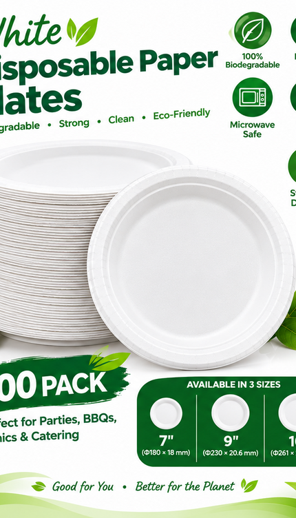 Disposable Paper Plates White Biodegradable Sugarcane Plates Party BBQ Picnic