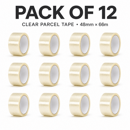 Parcel Tape 48mm X 66m Strong Heavy Duty for Secure Box Packing 12-Rolls Clear