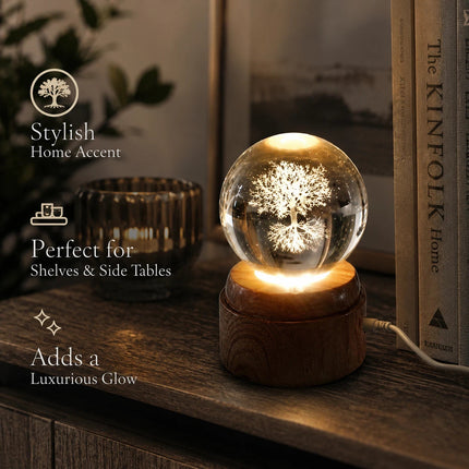Tree of Life Crystal Ball 6cm LED Night Light Rotating Base USB Warm White + RGB