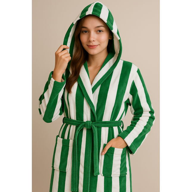 Medium White & Green Unisex Cotton Terry Bathrobe Gown Soft Spa Robe Men Women