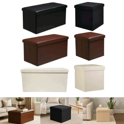 Folding Storage Box Faux Leather Home Footstool Ottoman Seat Stool Storage Boxes