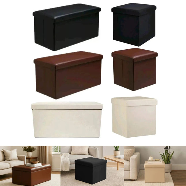 Folding Storage Box Faux Leather Home Footstool Ottoman Seat Stool Storage Boxes
