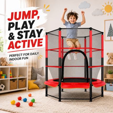 55" Kids Trampoline With Safety Enclosure Net Indoor Outdoor Bouncing Rebounder