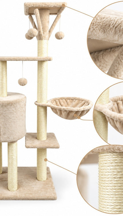 Multi Level Cat Tree 145cm Sisal Scratching Post Hammock Condo Climbing Tower