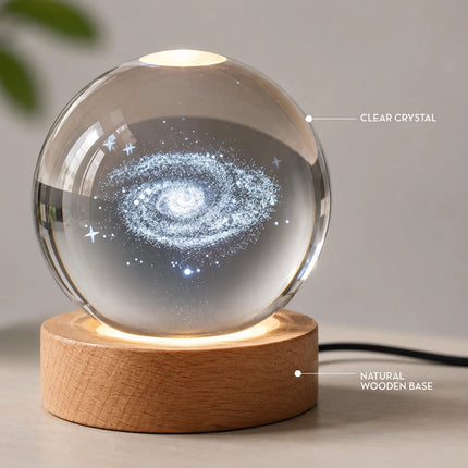 Galaxy Crystal Ball Night Light 8cm 3D Engraved - Wooden Base Warm White + RGB