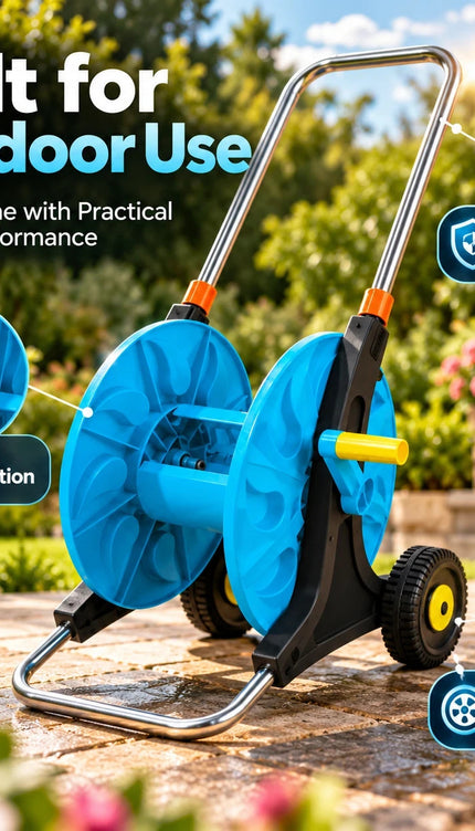 Garden Hose Reel Trolley Upto 50M Capacity Wheeled Portable Cart Spray Gun Set
