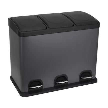 45L Kitchen & Office Pedal Bin Triple Compartment Stainles Steel Recycling 3x15L