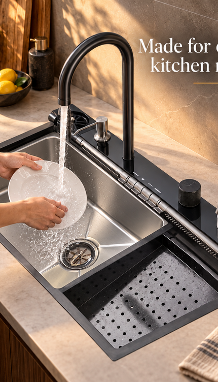 Stainless Steel Waterfall Kitchen Sink Single Bowl 78x48cm Kitchen Workstation