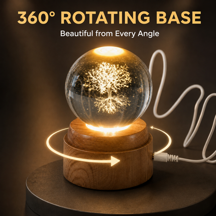 Tree of Life Crystal Ball 6cm LED Night Light Rotating Base USB Warm White + RGB
