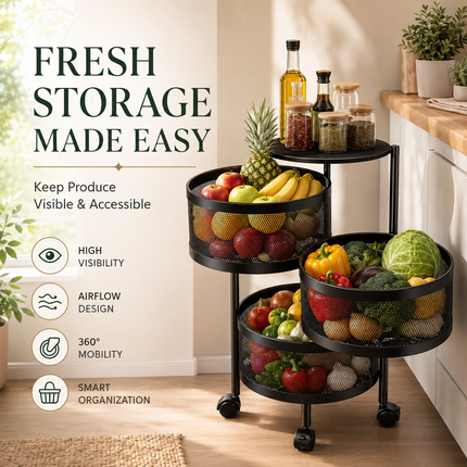 Storage Rack 4 Tier Rotating Kitchen Bathroom Vegetable Trolley Cart Shelf