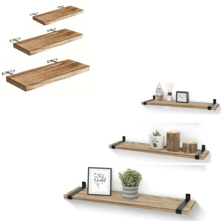 Floating Shelves Set of 3 Wall Mounted Paulownia Wood Storage Display Shelf Kit