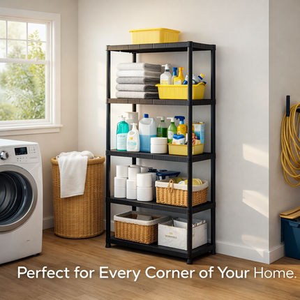 5-Tier Plastic Storage Shelf Rack Black - Home Garage Organizer