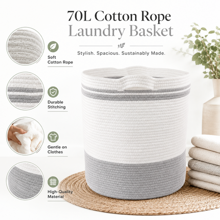 Laundry Hamper Basket 70L Cotton Rope Washing Storage Organizer for Clothes