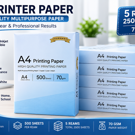 A4 Printer Paper White 70gsm 5-Ream 2500 Sheets Multipurpose Inkjet Laser Copier