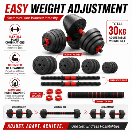 Adjustable Dumbbell Barbell Kettlebell 30KG Weight Set Home Gym Fitness 6 in 1