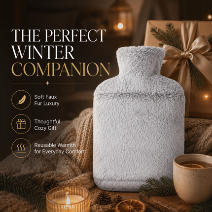 Hot Water Bottle 2L with Soft Faux Fur Cover Leakproof Winter Warmer Light Grey