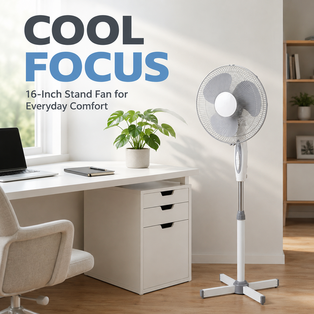 16” Fan Pedestal Oscillating Adjustable Height 3 Speed Powerful Airflow