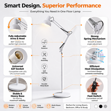 Modern Metal Floor Lamp Flexible Swing Arms for Reading Adjustable Swing Light