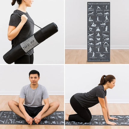 Yoga Mat Non-Slip Pilates Gym Workout With Asana Postures Printed + Carry Bag