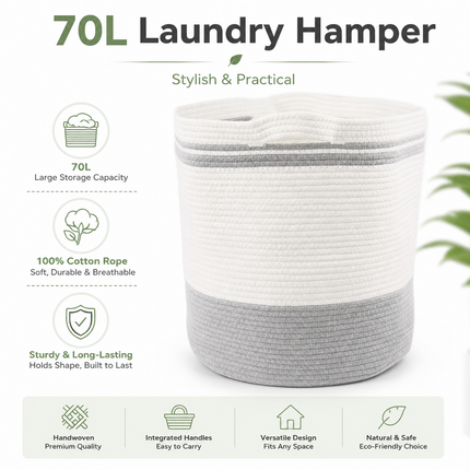 Laundry Hamper Basket 70L Cotton Rope Washing Storage Organizer for Clothes