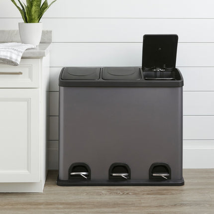 45L Kitchen & Office Pedal Bin Triple Compartment Stainles Steel Recycling 3x15L