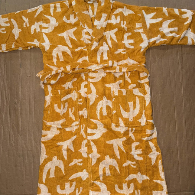Medium Yellow & White Unisex Cotton Terry Bathrobe Gown Soft Spa Robe Men Women