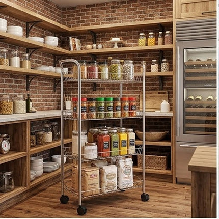 4 Tier  Vegetable & Fruit Trolley Basket Chrome Kitchen Storage Rack With Wheels