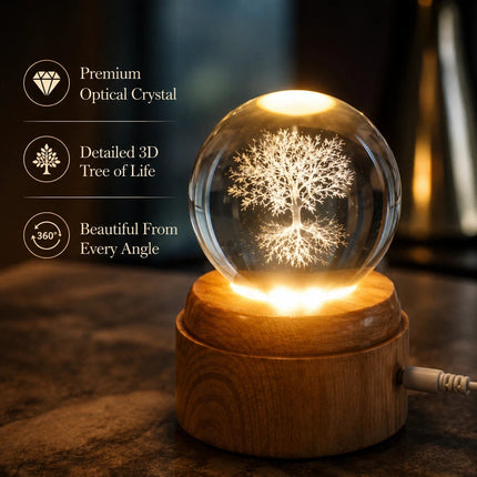 Tree of Life Crystal Ball 6cm LED Night Light Rotating Base USB Warm White + RGB
