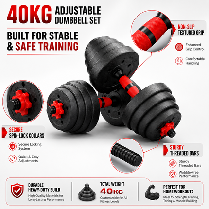 Adjustable Dumbbell Barbell Weight 40KG Lifting 6-in-1 Kettlebell Gym Set Kit