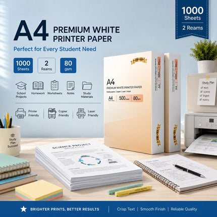 A4 Printer Paper White 80gsm 2 Reams 1000 Sheets Inkjet Laser Copier