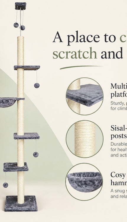 Floor to Ceiling Cat Tree 252cm Multi Level Sisal Scratching Post Hammock Toy