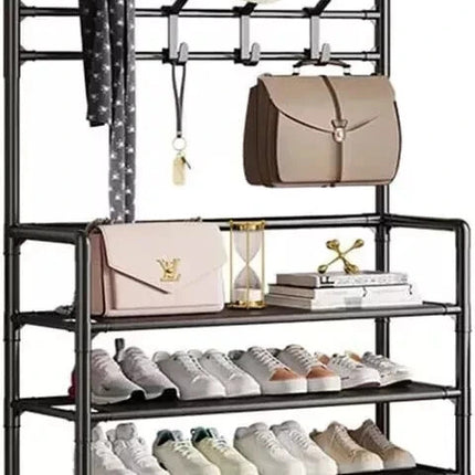 5-Tier Entryway Coat Rack Shoe Rack Storage Organizer Black Bench Home Office