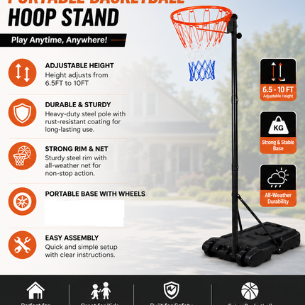 Basketball Hoop Stand 6.5-10FT Adjustable Height Portable Wheeled Base Outdoor