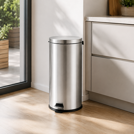Pedal Bin 30L Stainless Steel Office Kitchen Bathroom Rubbish Waste Trash Can