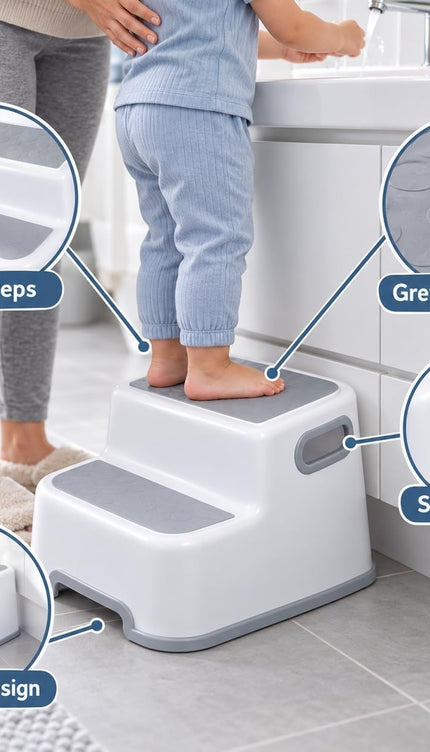 Kids Double Step Stool Non-Slip Bathroom Sink Toilet Carry Handles White Grey
