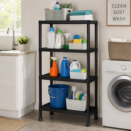 Storage Shelving 4 Tier Black Plastic Rack Pack 2 Home Garage