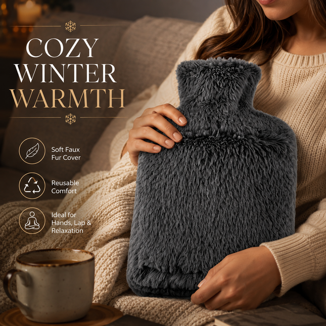 Hot Water Bottle 2L with Soft Faux Fur Cover Leakproof Winter Warmer Dark Grey