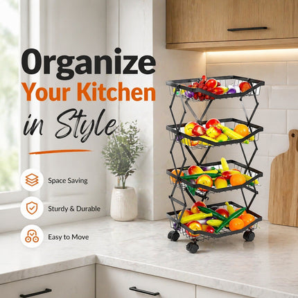 4 Tier Folding Rolling Fruit & Vegetable Storage Trolley Kitchen Cart With Wheel