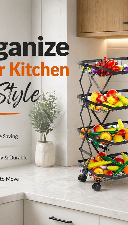 4 Tier Folding Rolling Fruit & Vegetable Storage Trolley Kitchen Cart With Wheel