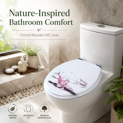 Universal Toilet Seat Wooden Orchid Design Bathroom WC Seat with Fittings 18''