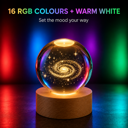 3D Engraved Galaxy Crystal Ball Night Light 6cm USB Wooden Base Warm White + RGB