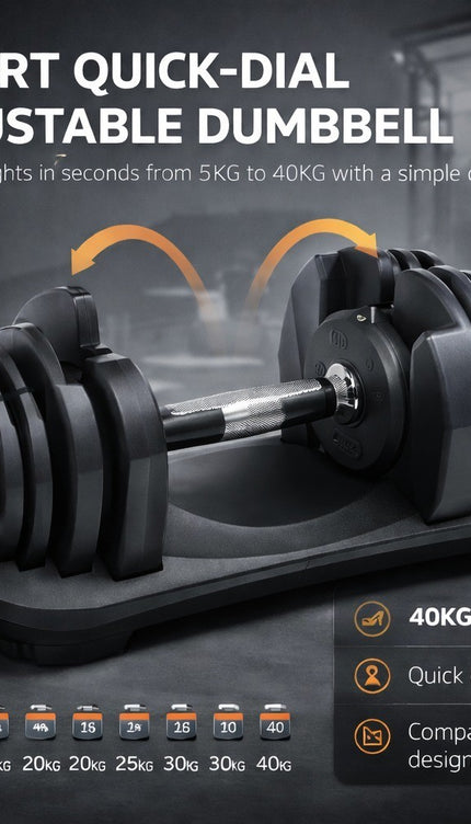 40kg Adjustable Dumbbell Quick Dial Home Gym Fitness Weight Lifting Exercise Set