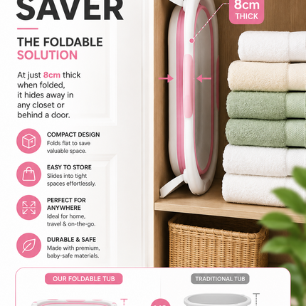 Baby Bathtub Foldable Portable Infant Toddler Bathtub with Temperature Sensor