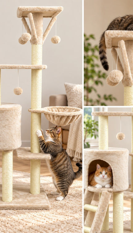 Multi Level Cat Tree 145cm Sisal Scratching Post Hammock Condo Climbing Tower