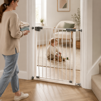 Baby Stair Gate | Pressure Fit Auto-Close Child & Pet Safety Gate – White