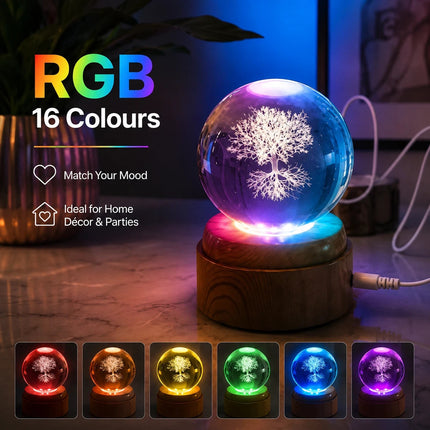 Tree of Life Crystal Ball 6cm LED Night Light Rotating Base USB Warm White + RGB